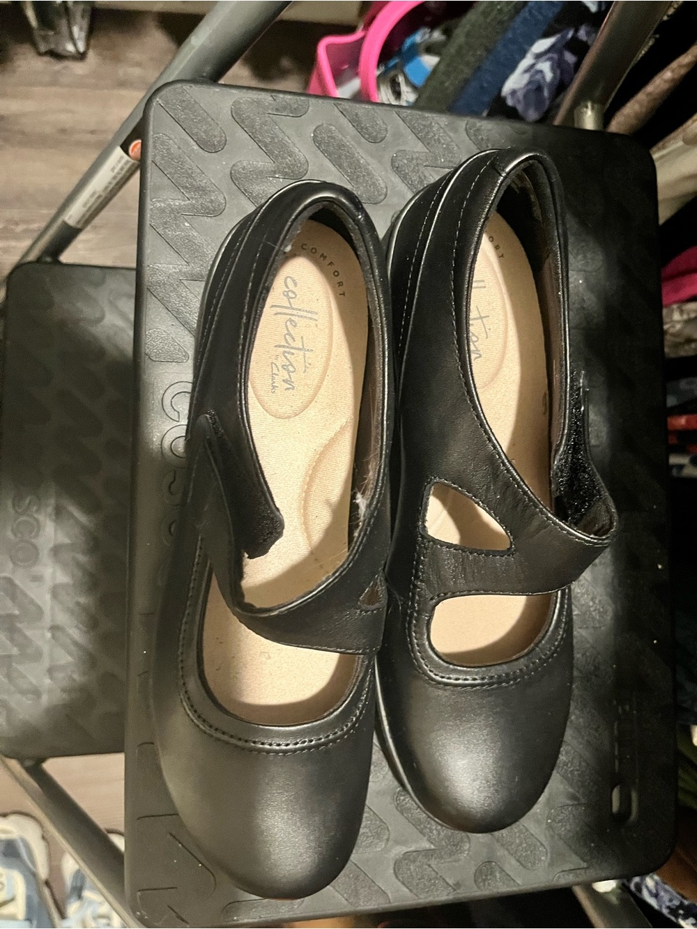 Clarks Black Leather Mary Jane Flats with Hook Strap